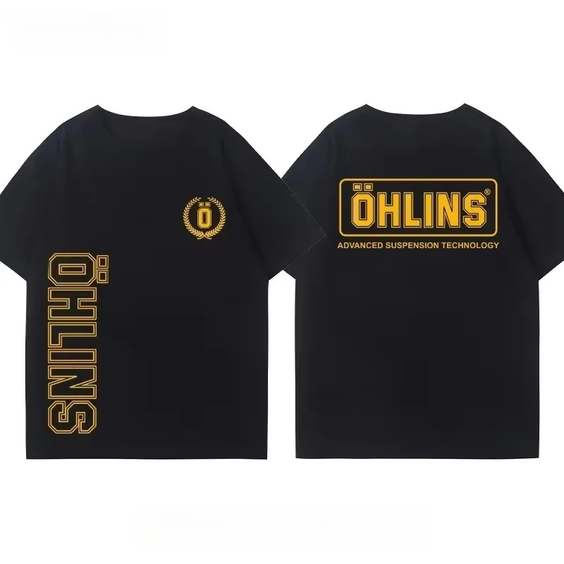 Streetwear Brand Tees - 高度なサスペンション技術を搭載したオーリンズ製バイク用ショックアブソーバーのロゴをあしらったグラフィックTシャツ。綿素材、男女兼用、ストリートウェア。